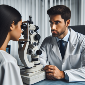 Oftalmólogo evaluando a un paciente con astigmatismo