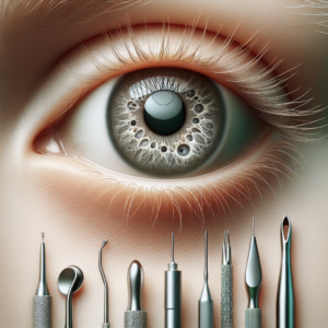 Ojo con carnosidad y herramientas de tratamiento oftalmológico
